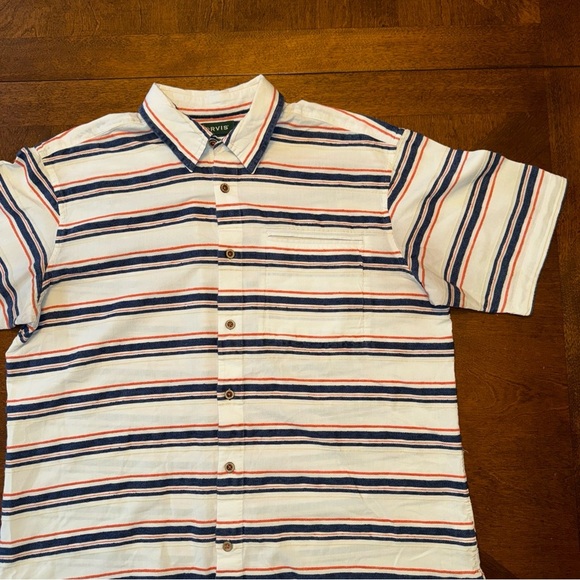 ORVIS White Textured Blue Orange Striped Short Sleeve Button Up Shirt Mens L - Picture 2 of 11